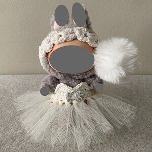 Handmade Crochet White Cream Sweetheart Neckline Tutu for 17cm Doll 2-Piece Set